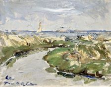 Continental school : Coastal landscape, oil on canvas, indistinctly signed, 64cm by 49cm.