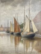 Continental school : Boats on a canal, oil on canvas,