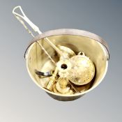 A brass jam pan, pair of candlesticks, toasting fork,