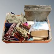 A box of Masonic apron, gent's travel set, leather and fur gloves, scarves,