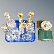 A tray of gilt porcelain tea set, commemorative mugs, two glass marmalade jars,