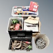 Four boxes of assorted tools, hardware, Salter shop scales,