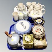 A tray of vintage tins, picquot teapot,