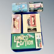 Six boxed Corgi models including trucks, trams, GPO telephone box,