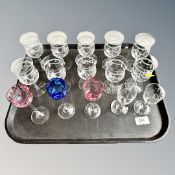 A tray of ten etched drinking glasses,