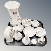 Tray of Aynsley Little sweetheart mantel clock, Pemroke lidded pot, vase,