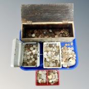 An embossed brass container, two boxes of pre decimal coins,