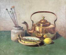 Viggo Dansen : Still life of copper kettle and fishes in bowl, oil on canvas, 53 cm x 43 cm,