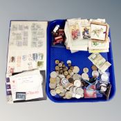 A tray of assorted British and Foreign coins, crowns, 1951 Festival of Britain Crown,