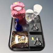 A tray of antique and later glass ware, cranberry glass vase, Christine Beaton etched goblet,