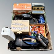 Two boxes of vintage and later camera equipment, projector, Barnet radio,