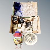 Two boxes of assorted glass ware, animal figures, contemporary mantel clocks,