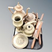 A tray of brass and copper wares,
