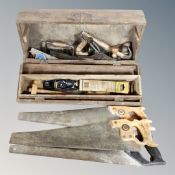 A vintage wooden joiner's tool box of hand tools