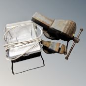 Two record cast iron bench vices and a security light