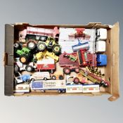 A box of die cast and plastic vehicles : Brittains, flat back trucks,