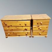 A pine three drawer chest and a bedside chest