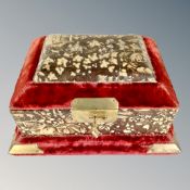 An antique plush velvet lady's dressing table box, interior with bevelled mirror, scent bottle,