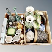 Two boxes of boxed wine rack, ceramics,