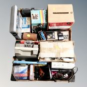 Two boxes of vintage and later photographic equipment, accessories, DVDRs,