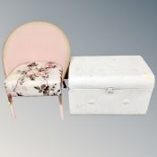 A painted vintage tin trunk and a 20th century basket chair