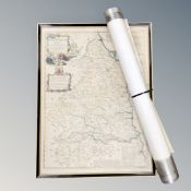 A hand coloured new and improved map of Northumberland in Hogarth frame and a roll of maps