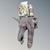 A quantity of scuba diving equipment : dry suit, tank, breathing apparatus, gauges,