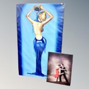 A contemporary oil painting depicting a lady together with a decorative wall canvas