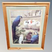 A decorative print depicting parrots in pine frame