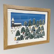 Gordon Barker : Figures sledging and walking in a snowy forest landscape, oil painting,