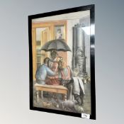 Continental School : Figures by a wood burner, pastel, 31 cm x 47 cm.