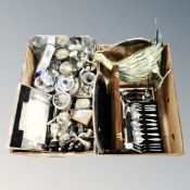 Two boxes of plated wares : tea service, trophies, boxed cutlery set, serving trays,
