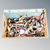 A box of assorted vintage and later hand tools, wood working planes,