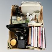 Two boxes of contemporary figures, ceramics, retro style telephone, hamburger telephone,