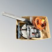 A Performance 210mm compound mitre saw with pack of Erbauer blades together with a Flymo EASi trim