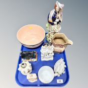A tray of antique and later ceramics, Staffordshire highlander figure, Sunderland lustre jug,