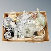 A box of antique & later glass ware : cruet sets, torpedo bottle, dressing table pieces,