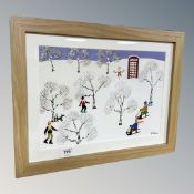 Gordon Barker : Figures sledging and walking in a snowy landscape, oil painting, 34 cm x 24 cm.