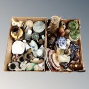 Two boxes of ceramics including West German vase, pair of dog figures, flaggons,