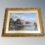 An oil on canvas, tranquil tree-lined river, initialled H.E.B.