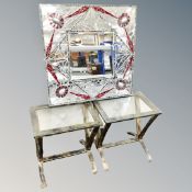 A contemporary decorative mirror together with two glass and metal lamp tables