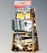 Three boxes of hand tools, wheel covers, wing mirrors, sash clamps,