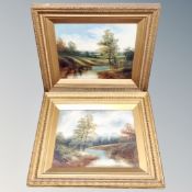 A pair of oils on canvases, rivers through a landscape,