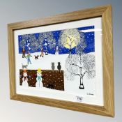 Gordon Barker : Figures playing in a snowy landscape, oil painting, 34 cm x 24 cm.