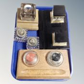 Three antique and later desk stands,with glass inkwells,