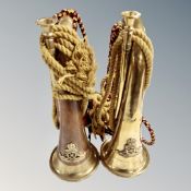 Two military copper and brass regimental bugles