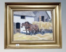 Danish School : Hay cart with work horses, oil on board,