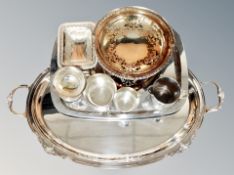 Two silver plated trays together with plated cups,