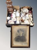 Two boxes of tea spoons on rack, commemorative china, candlesticks, collector's plates,