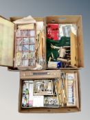 Three boxes of art supplies : crayons, brushes, paints, writing slope,